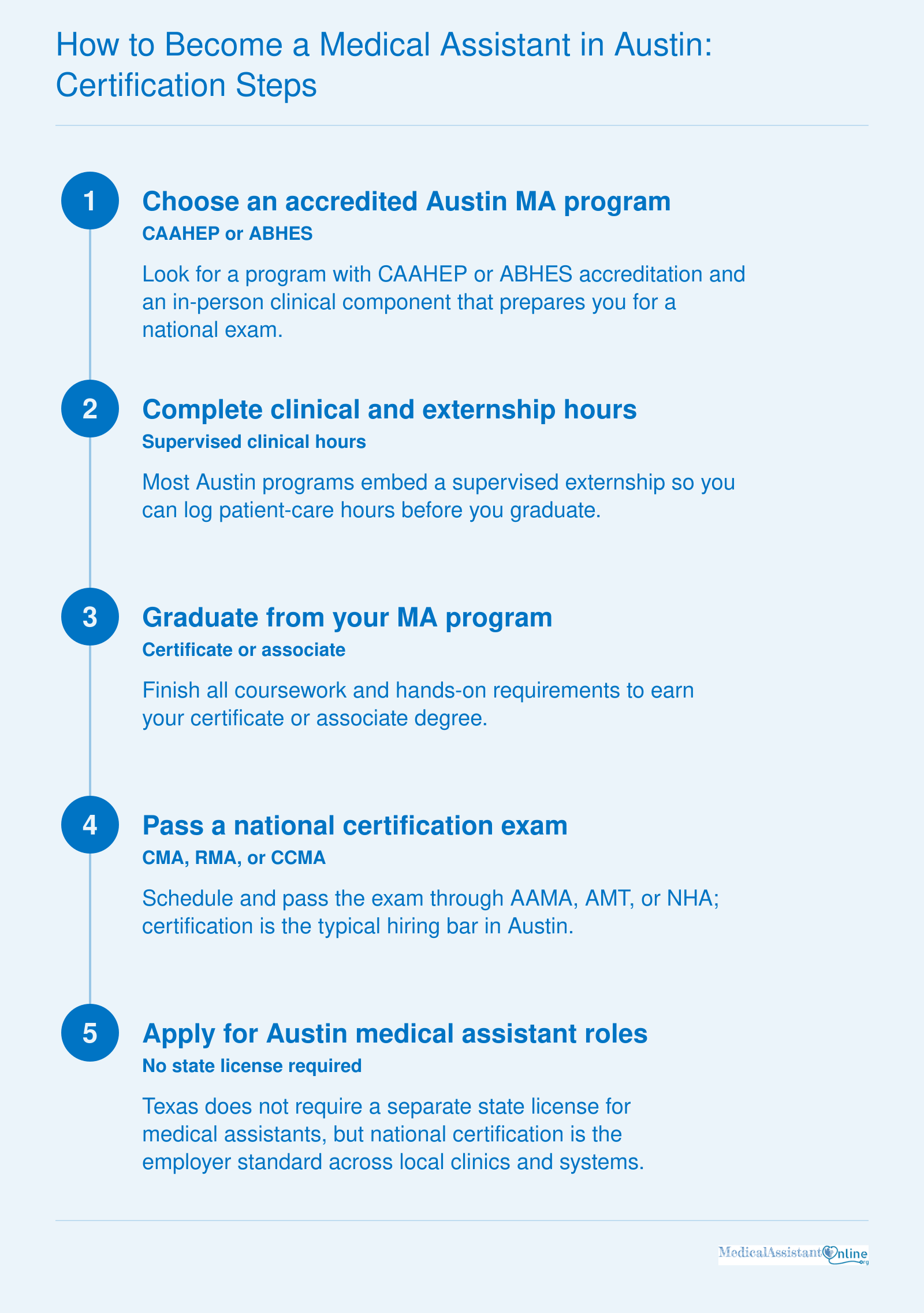 Five-step Austin medical assistant pathway: accredited program, clinical hours, graduation, national certification exam, local job applications.