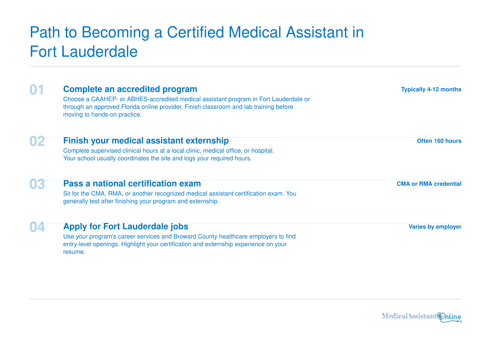 Four-step sequence to become a certified medical assistant: accredited training, externship, certification exam, and job search in Fort Lauderdale.