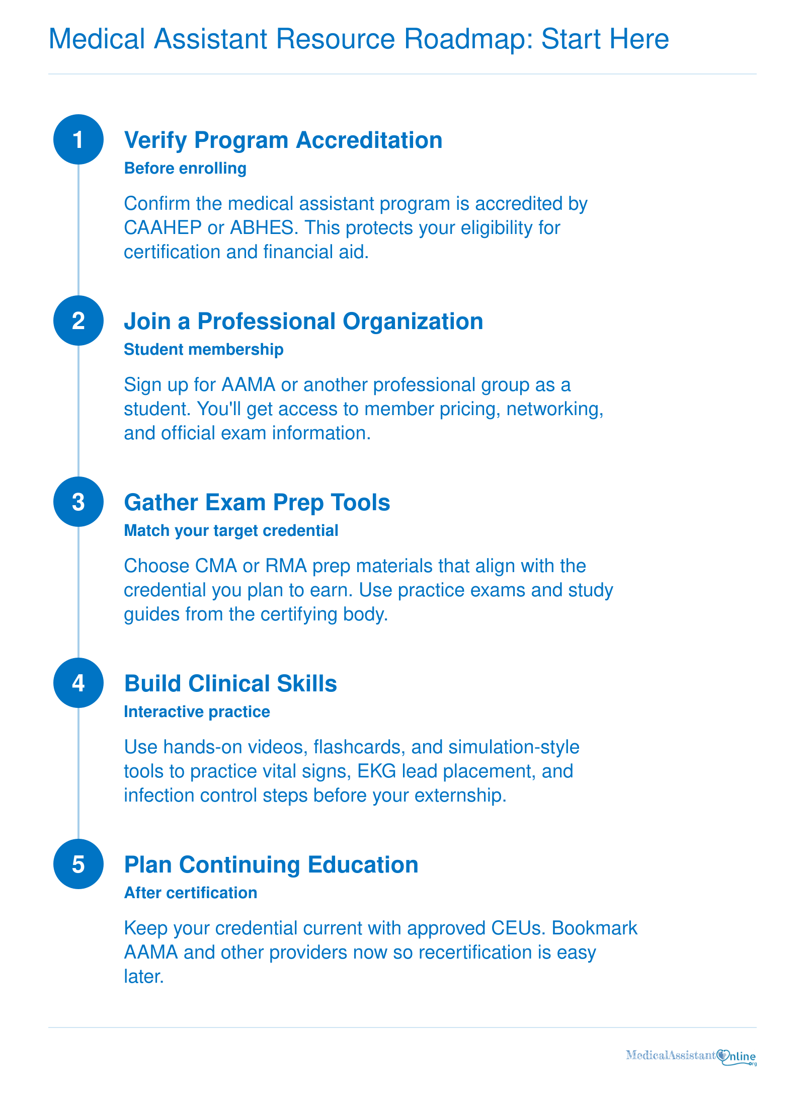 Five-step sequence for new medical assistant students, from verifying program accreditation through continuing education after certification.
