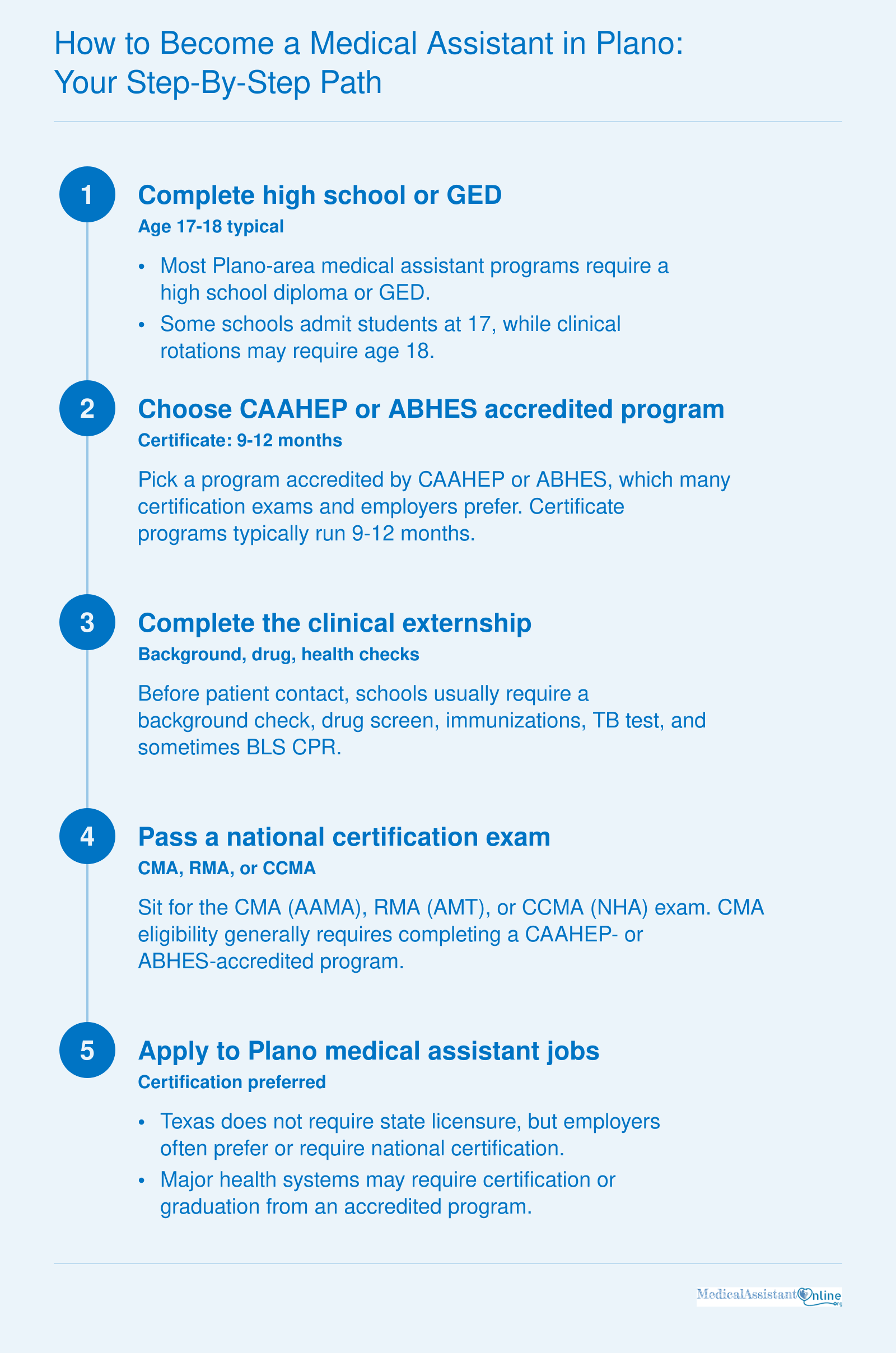 Five-step path to becoming a medical assistant in Plano, from high school diploma to certification and job application.