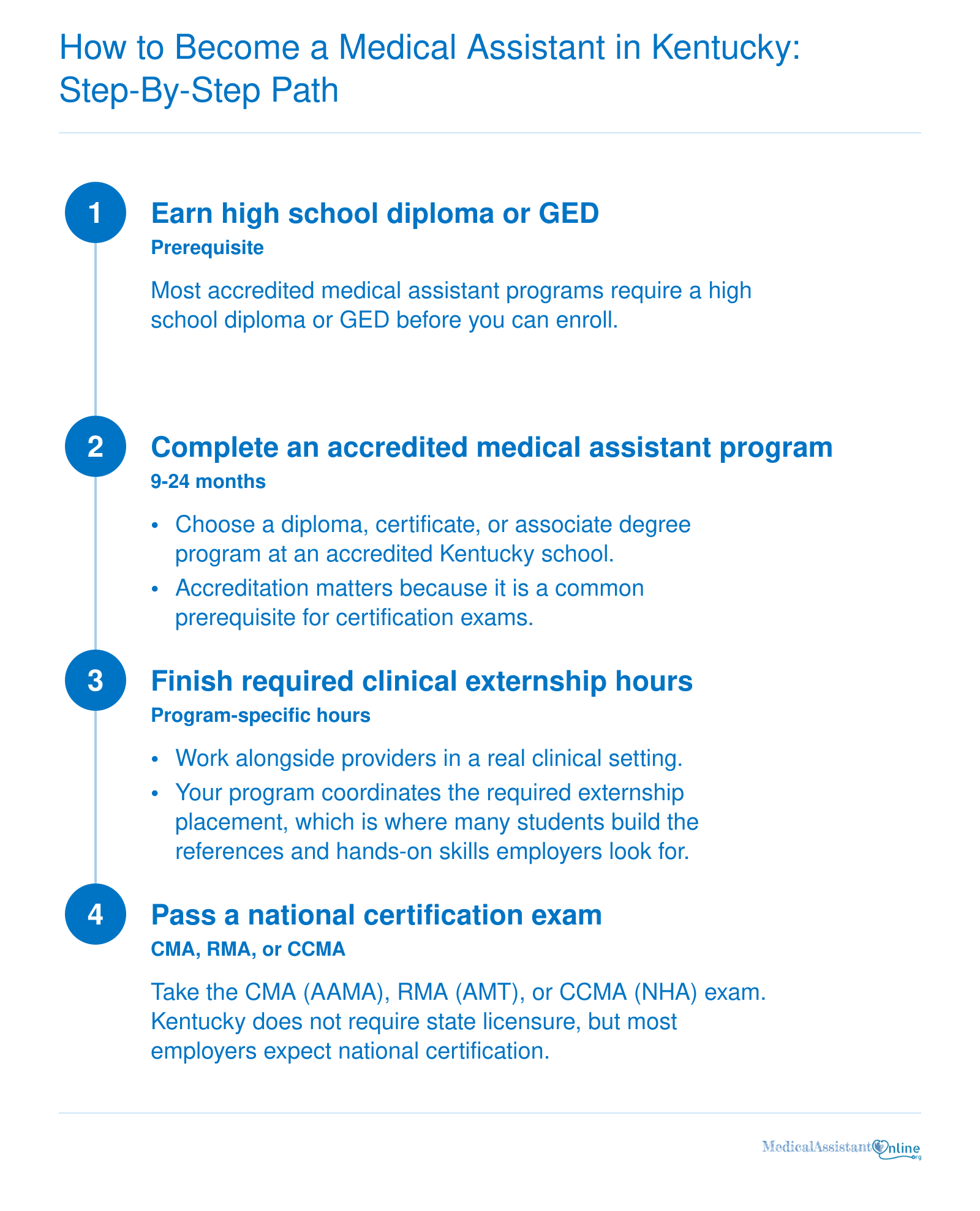 Four-step path to becoming a medical assistant in Kentucky: diploma or GED, accredited program, externship, national certification exam.